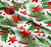Digitally Printed Christmas Fabric with Pine Branch and Pine Cone Christmas Tree Ornaments Pattern